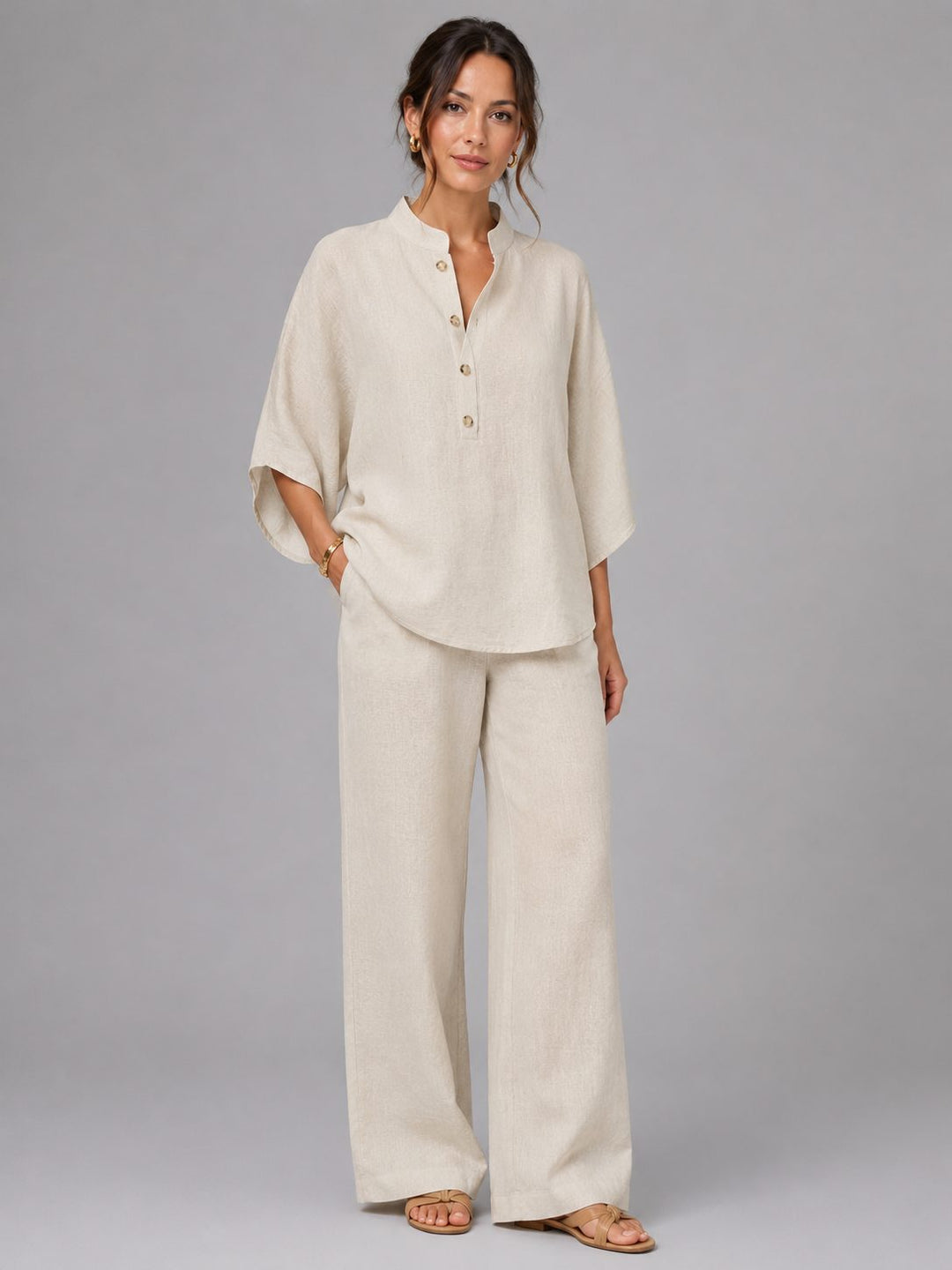 Women's effortless linen wide-leg two-piece set, perfect for summer casual wear.