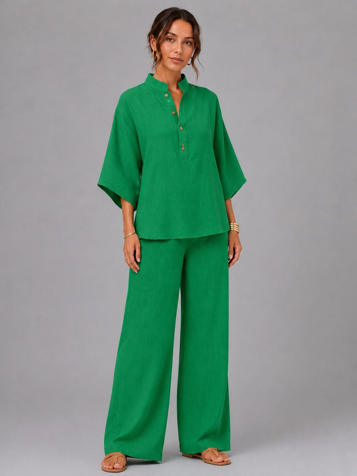 Comfy women's two-piece linen set with wide-leg pants and a casual, breathable top for warm days.