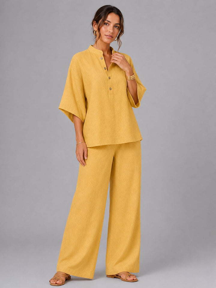 Relaxed fit women's linen loungewear set; wide-leg pants & matching top for ultimate summer comfort.