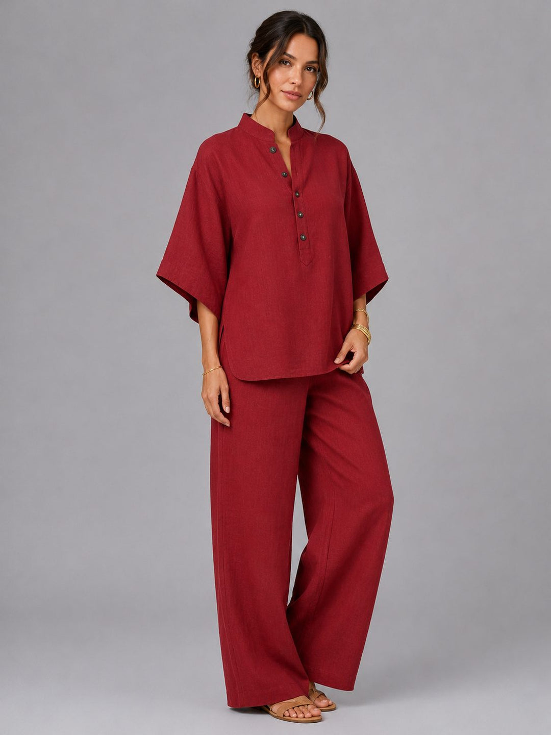 Effortless women's linen wide-leg two-piece set, great for casual summer outings or home relaxation.