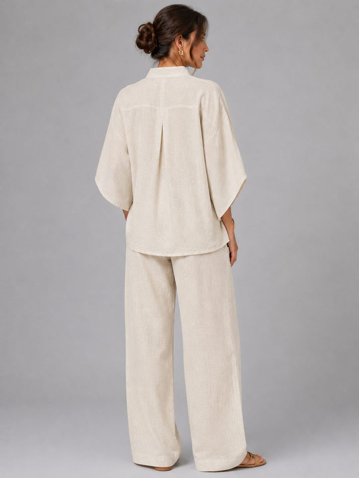Elegant yet casual women's linen set; breathable fabric, wide-leg design for a stylish summer look.
