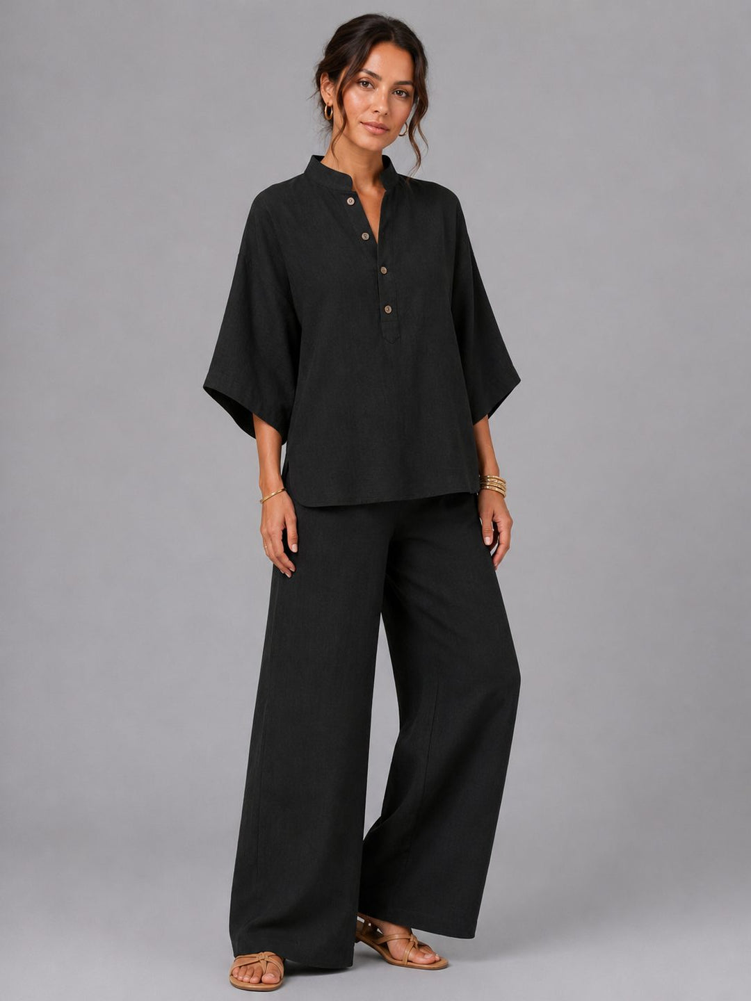 Lightweight women's linen two-piece set with wide-leg pants, perfect breathable casual wear for summer.
