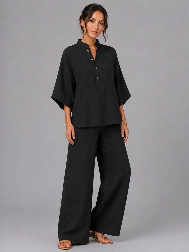 Lightweight women's linen two-piece set with wide-leg pants, perfect breathable casual wear for summer.
