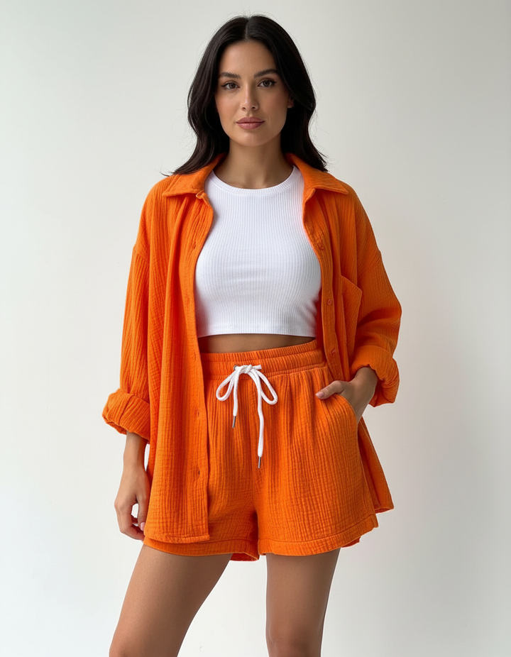 Women's Effortless Lounge Set: relaxed fit top & shorts, perfect for summer comfort & casual wear.