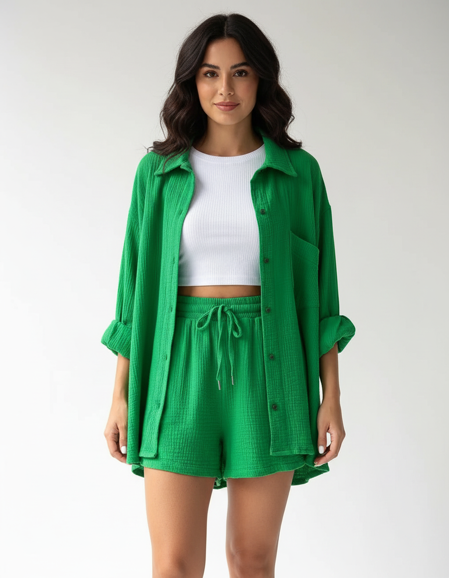 Elegant women's loungewear set with relaxed shorts, a chic spring-summer essential.