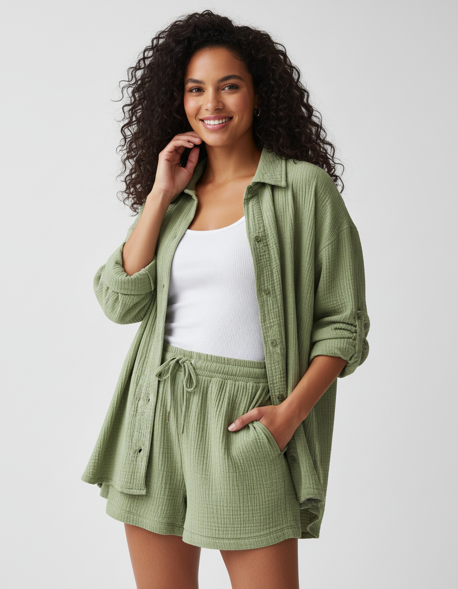 Women's two-piece summer outfit: relaxed fit lounge set with soft shorts.
