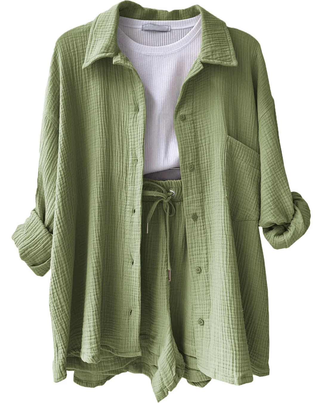 Effortless women's relaxed shorts set, ideal for comfortable fashion and versatile styling.