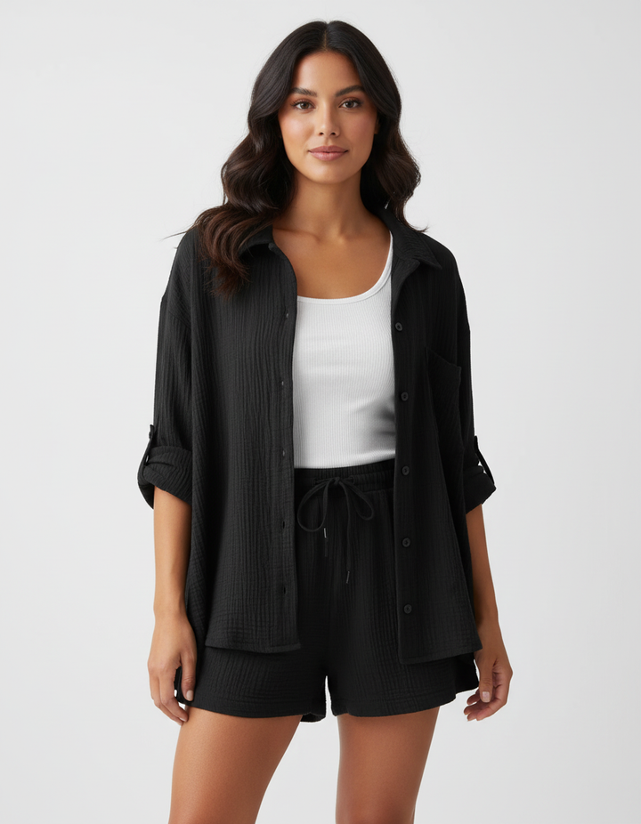 Stylish women's relaxed fit shorts set, a comfortable spring-summer fashion staple.