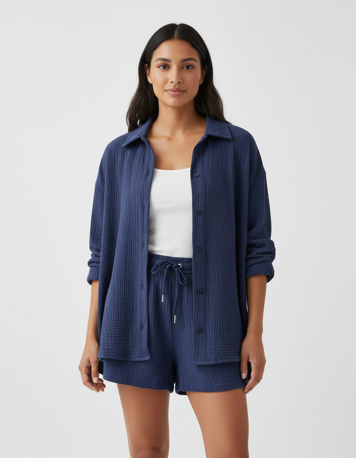 Women's elegant loungewear shorts set, perfect for chic spring & summer moments.