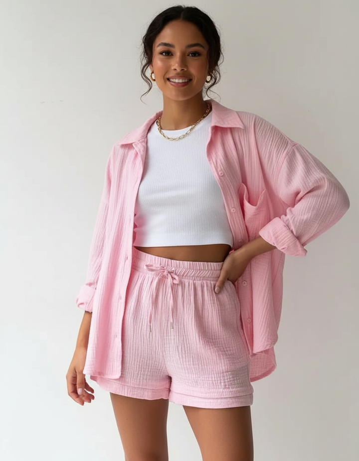 Women's effortless casual set with relaxed shorts, ideal for comfortable spring-summer wear.