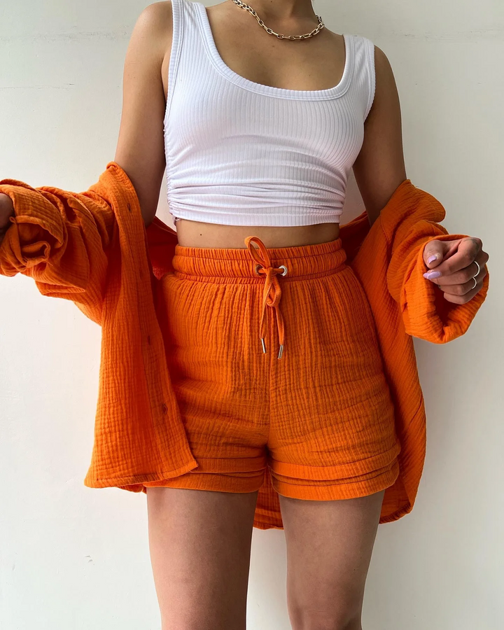 Effortless women's shorts set, perfect for casual wear, combining comfort & modern style.