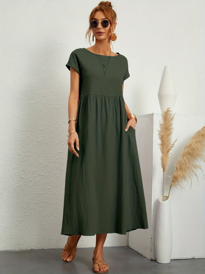 Women's Effortless Maxi Dress with Pockets & Round Neck, loose fit, perfect for casual summer comfort.