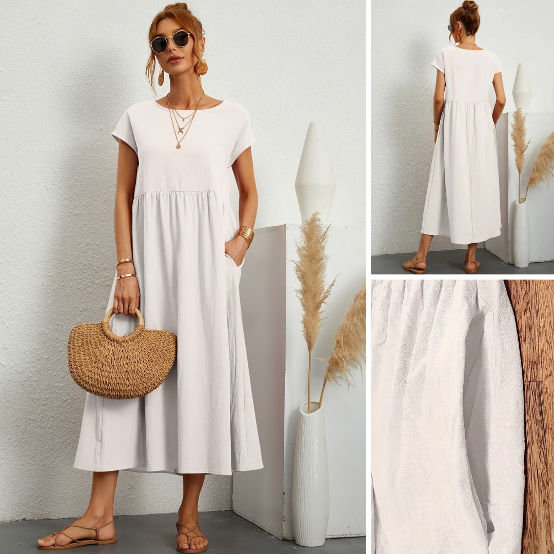 Stylish women's maxi dress with practical pockets, round neck, and a comfortable loose fit for any occasion.