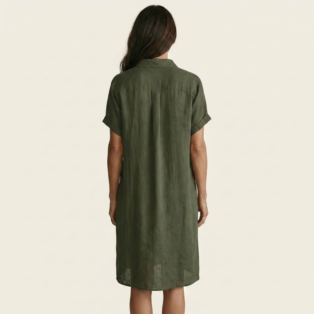 Relaxed fit women's midi shirt dress, button front, rolled cuffs. Versatile for daily wear, vacation, or spring.