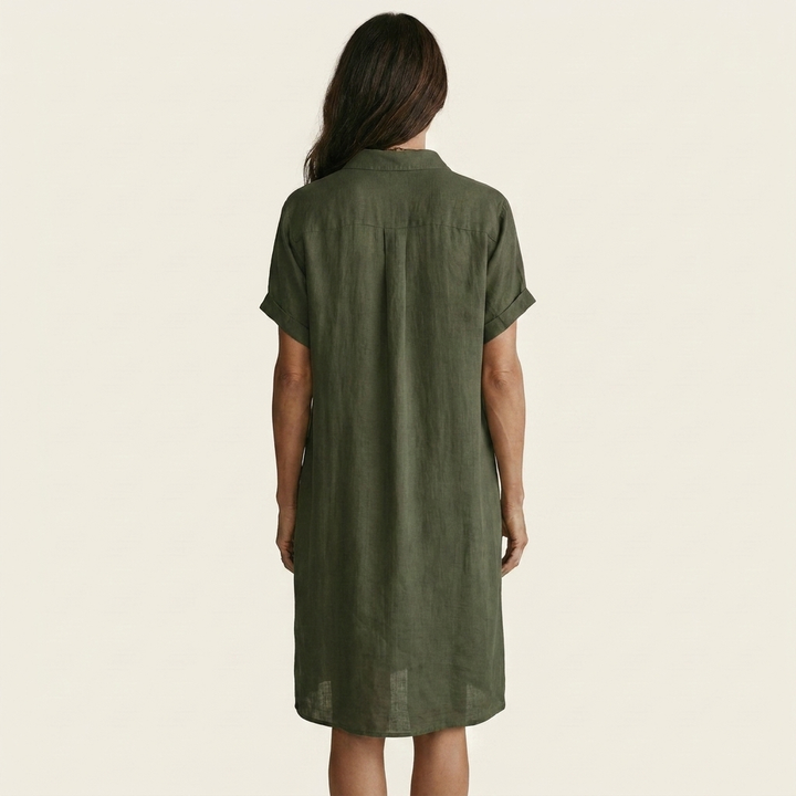 Relaxed fit women's midi shirt dress, button front, rolled cuffs. Versatile for daily wear, vacation, or spring.