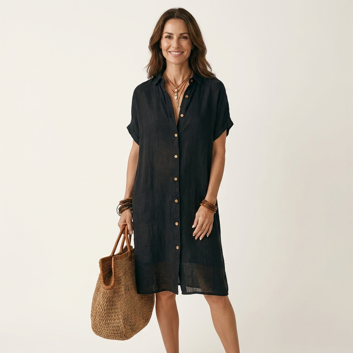 Elegant women's midi shirt dress with rolled cuffs. Ideal for spring & summer casual, everyday, or travel outfits.