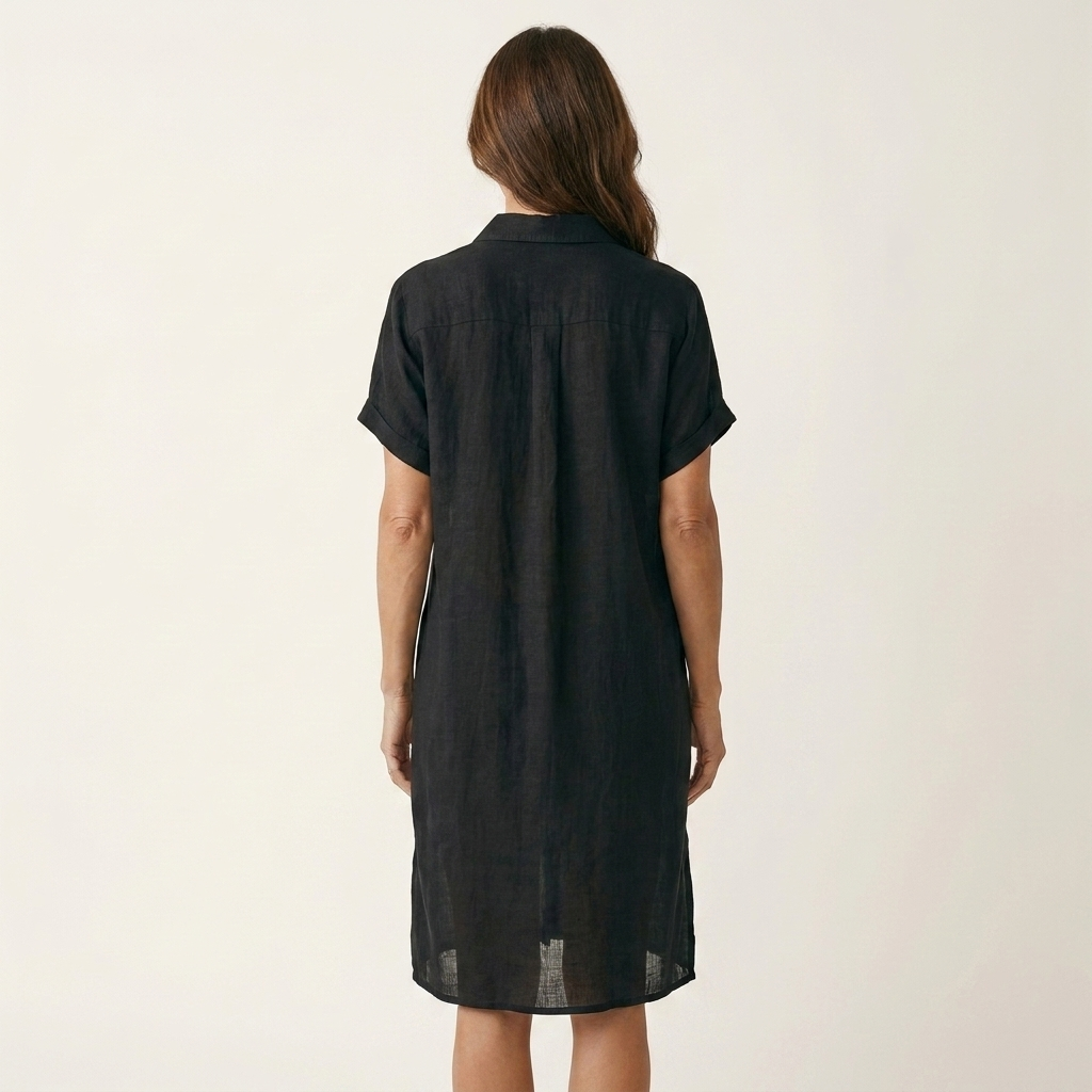 Women's casual midi shirt dress featuring rolled cuffs & button front. Effortless style for spring, summer, daily wear.