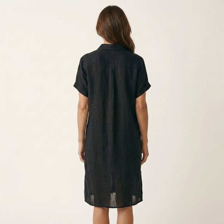 Women's casual midi shirt dress featuring rolled cuffs & button front. Effortless style for spring, summer, daily wear.
