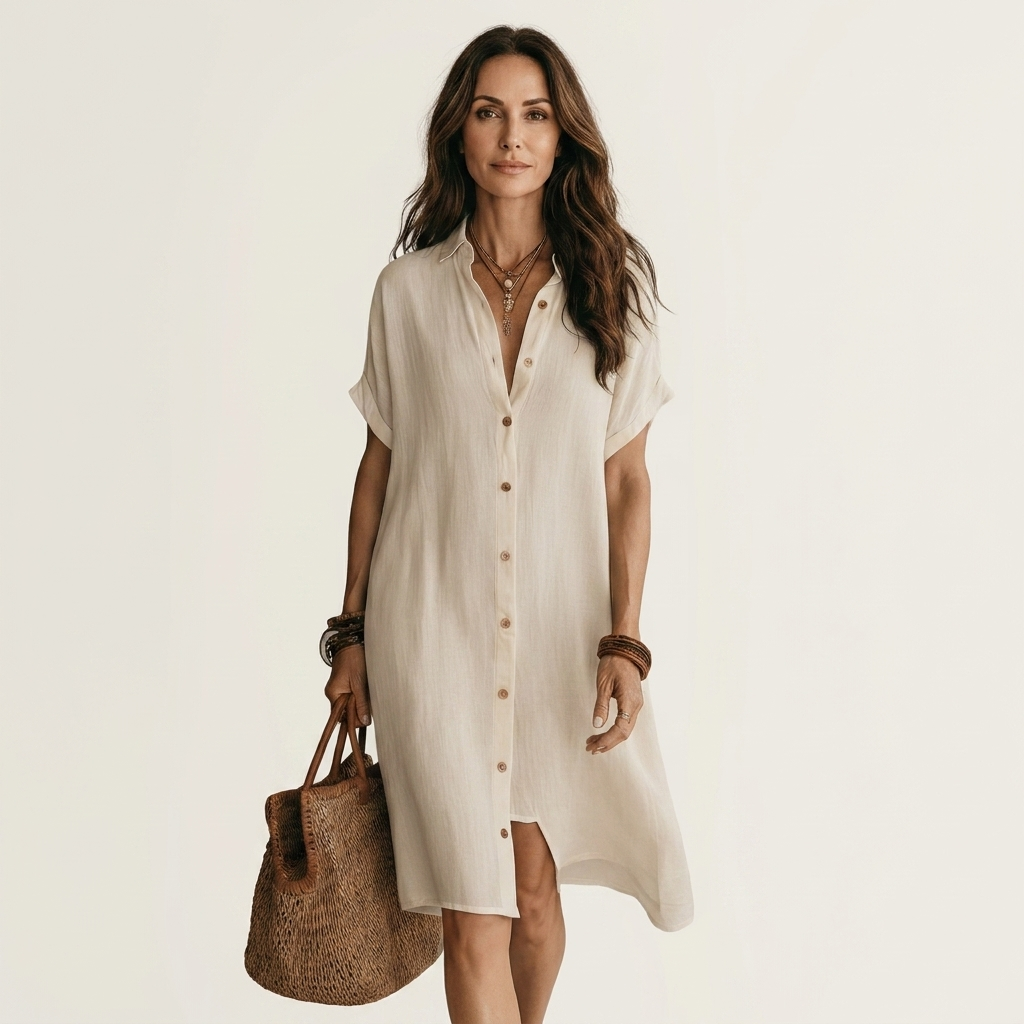 Comfortable women's midi shirt dress with rolled cuffs, great for summer vacation, spring outings, or everyday use.