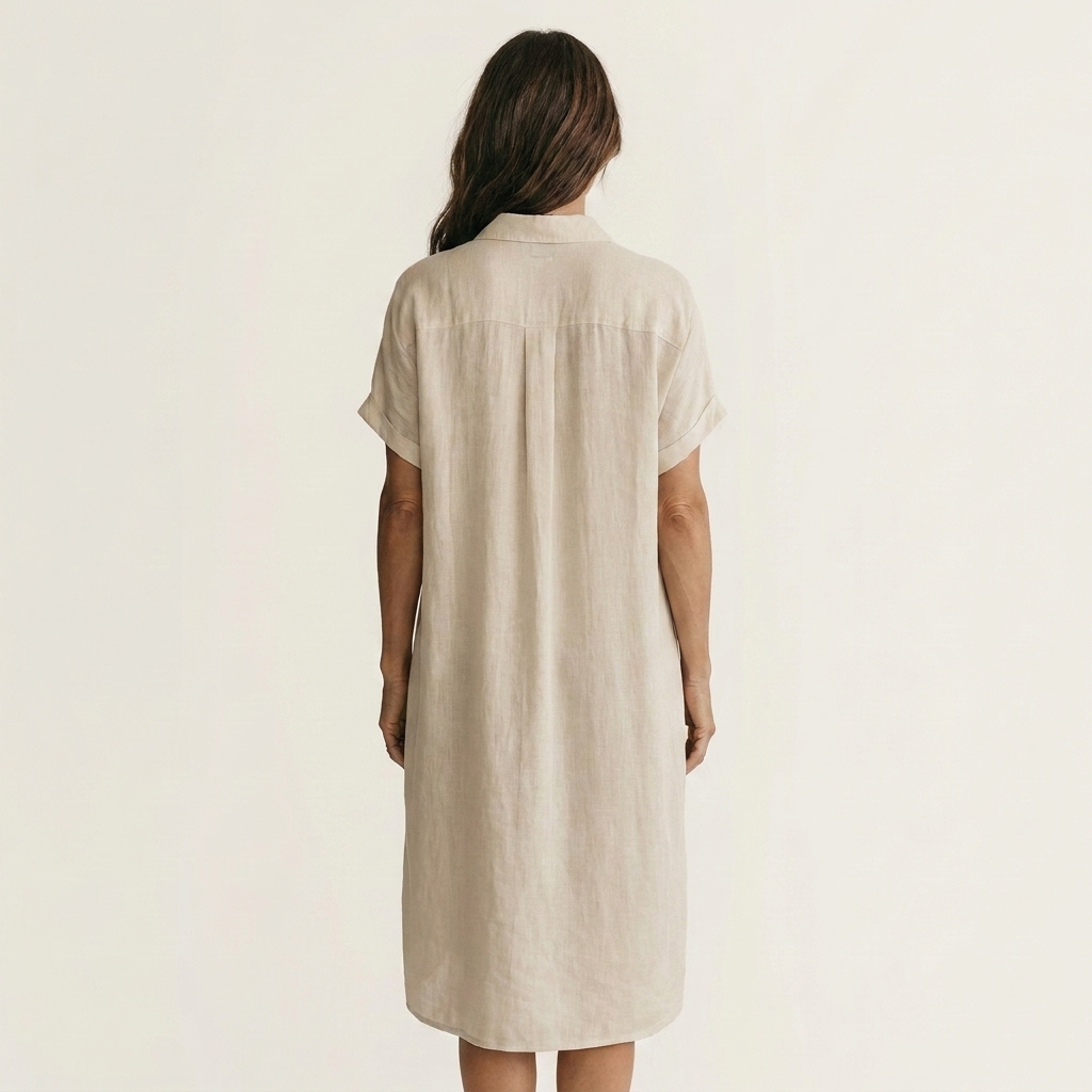 Women's versatile midi shirt dress, rolled cuffs & button-front. Effortless spring/summer fashion, casual & elegant.