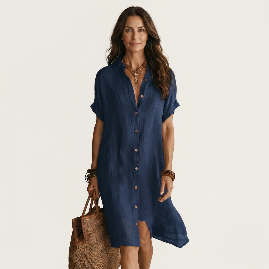 Women's midi shirt dress, rolled cuffs. Relaxed fit, button front, ideal for casual summer, spring, or everyday wear.