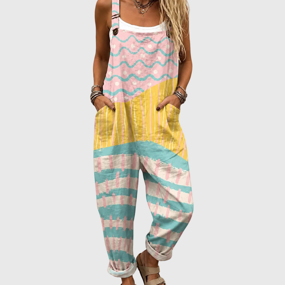 Women's effortless pastel multicolor jumpsuit with adjustable straps & pockets, perfect for casual summer or vacation.
