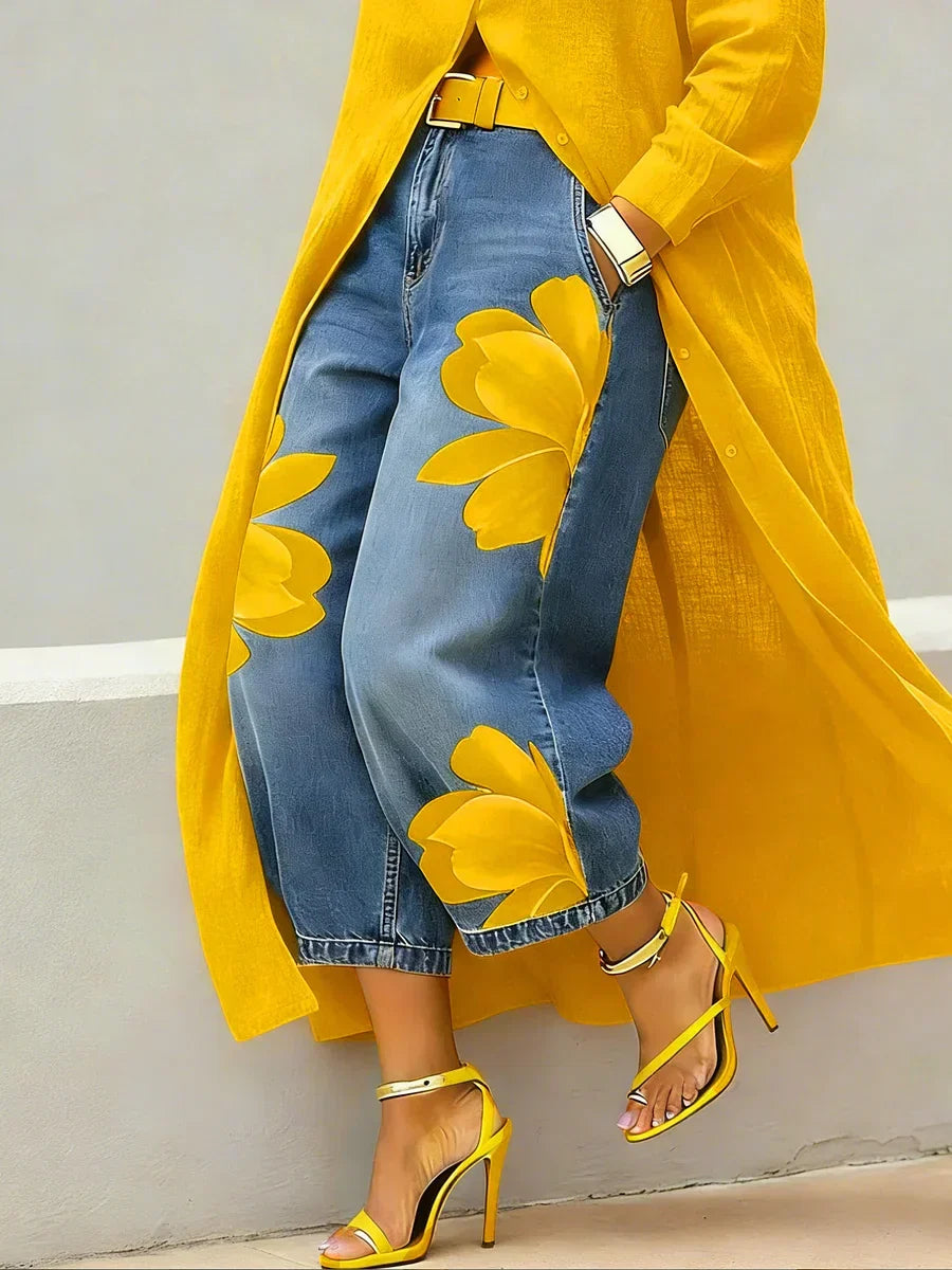 Complete women's two-piece set: a chic shirt dress & fashionable floral jeans. Effortless spring/summer style.