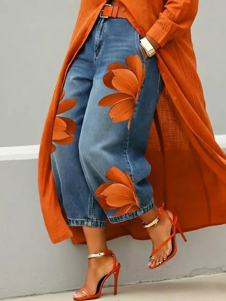 Comfortable women's Effortless Shirt Dress and Floral Jeans Set. A versatile outfit for spring & summer fashion.