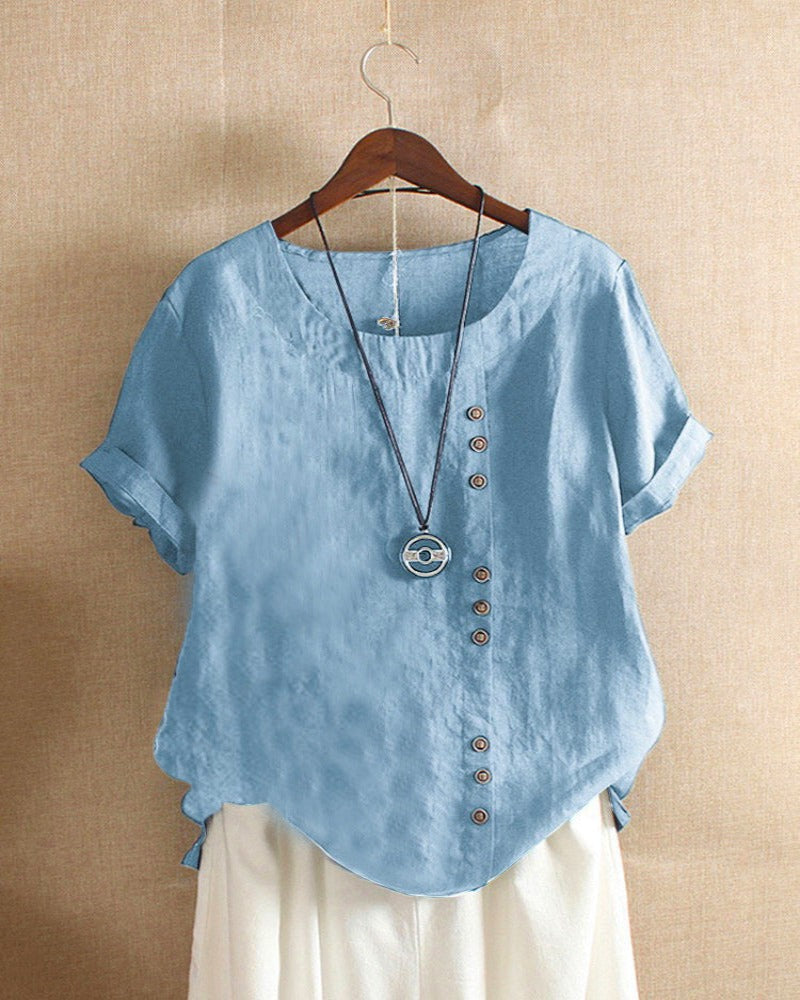 Modern women's round neck short sleeve blouse, a fashionable and versatile spring piece.