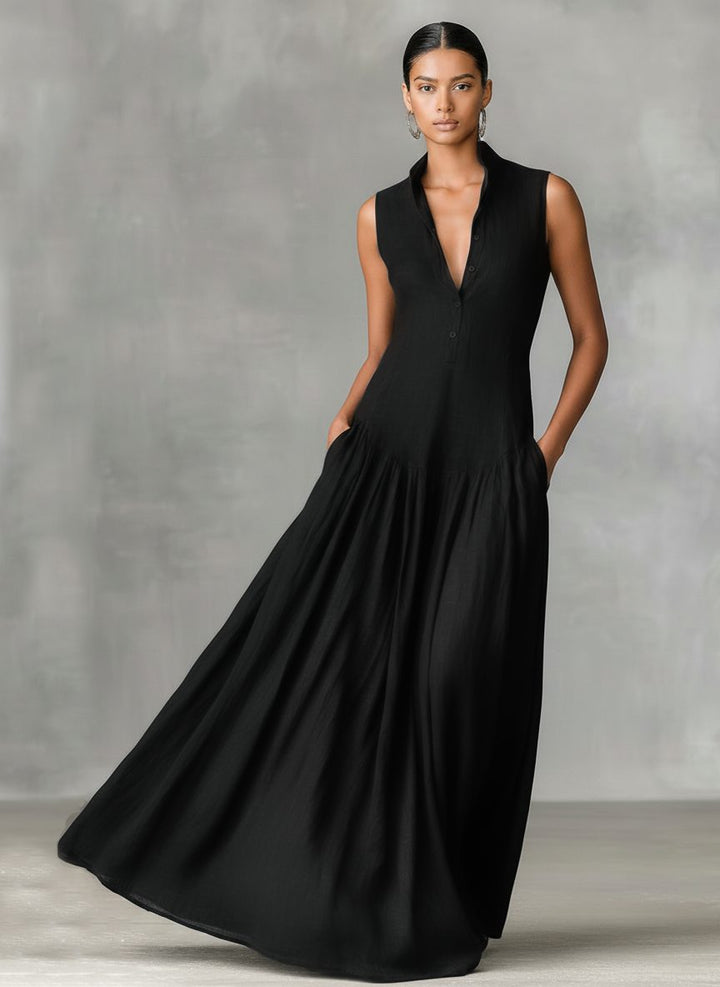 Chic women's sleeveless button-front maxi dress, a comfortable and versatile piece with functional pockets.