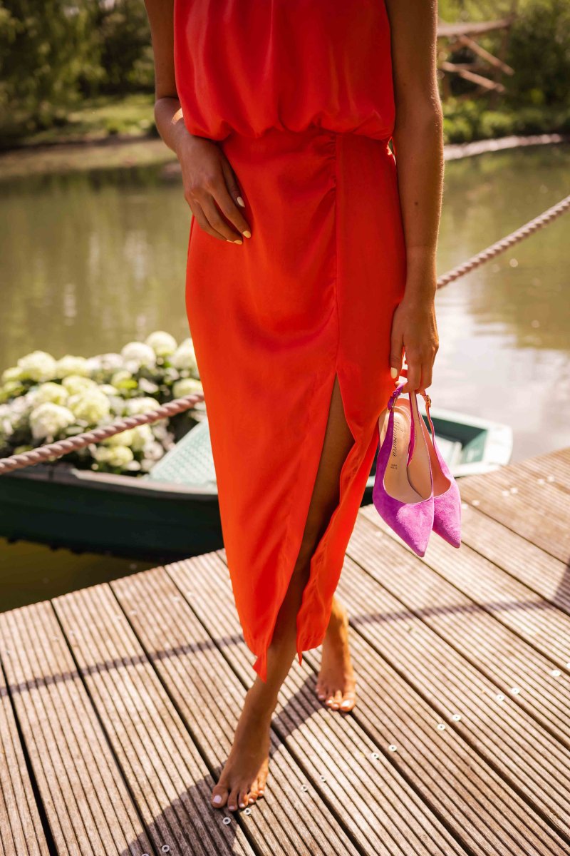 Orange and yellow sleeveless split midi summer dress for women, a comfortable and elegant choice.