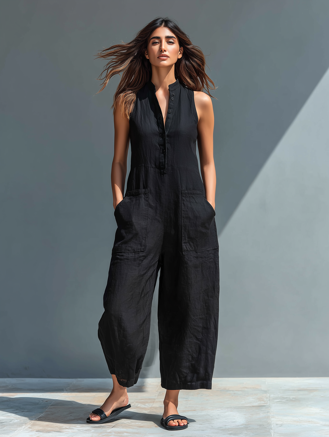 Women's effortless sleeveless wide-leg jumpsuit, relaxed fit. Casual summer fashion for everyday comfort.