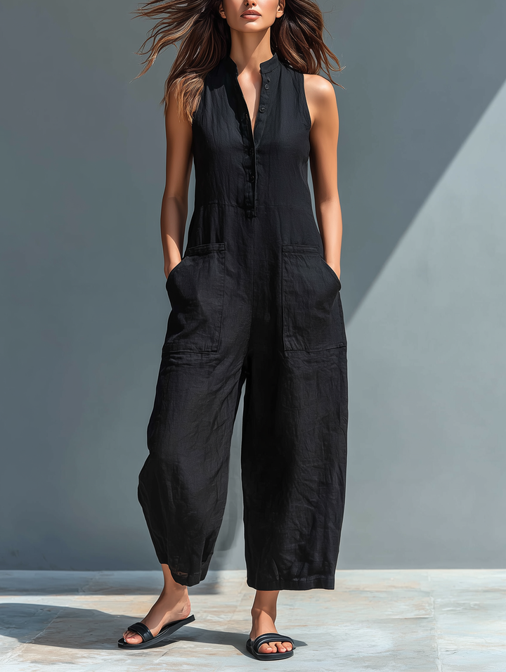 Women's effortless straight leg button front jumpsuit with pockets, ideal for casual summer wear.