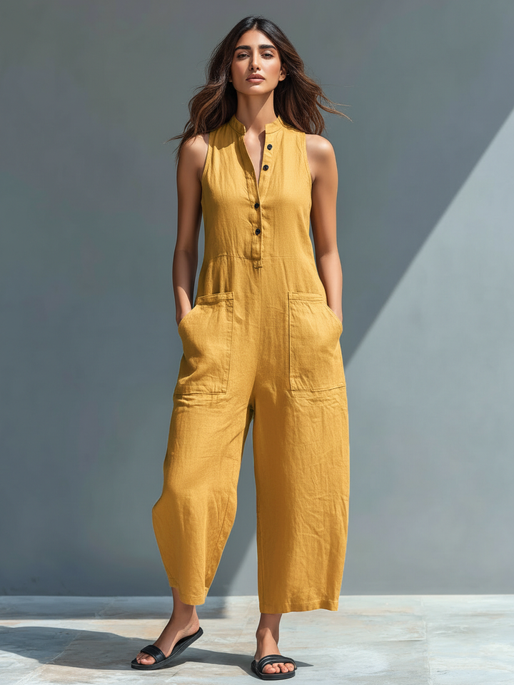 Comfortable women's button front straight leg jumpsuit, perfect for autumn casual style.