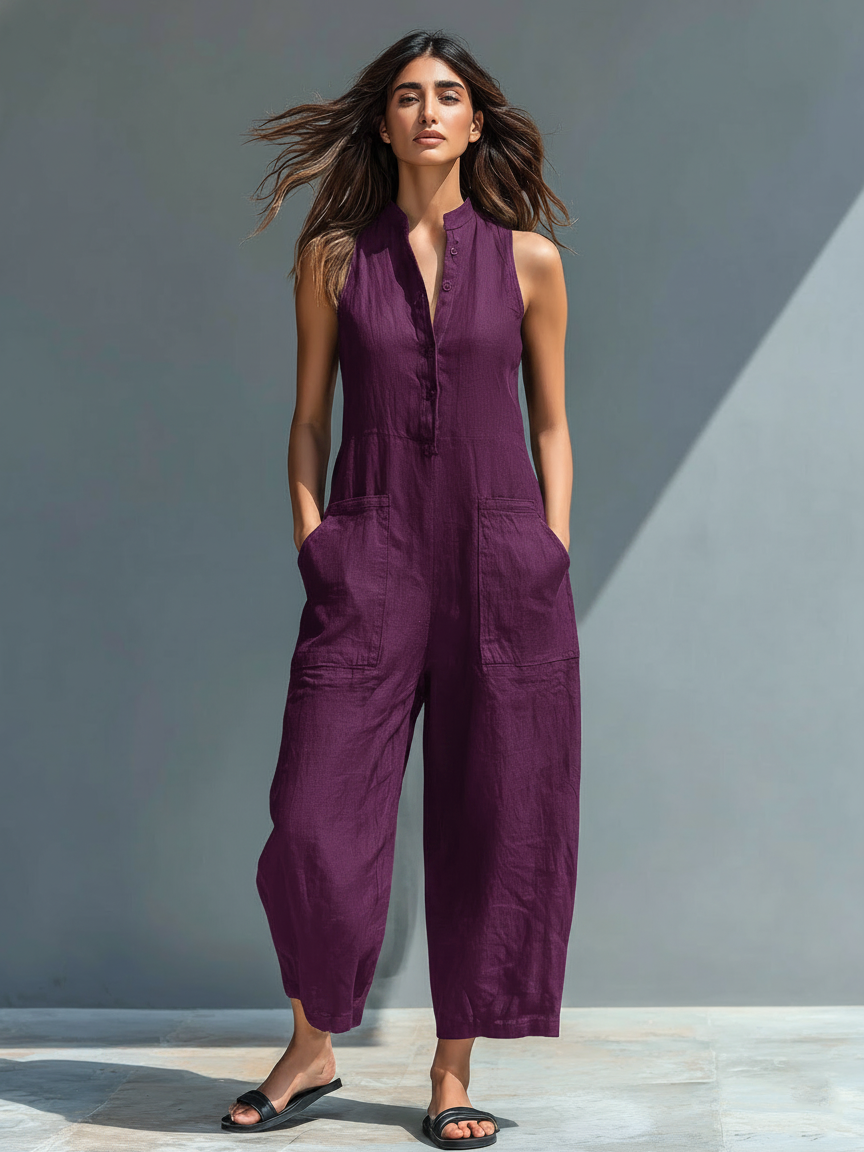 Everyday chic women's straight leg jumpsuit featuring a button front, sleeveless design & comfort.