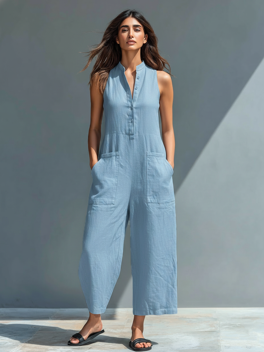 Versatile women's straight leg sleeveless jumpsuit, great for summer to autumn transitions.