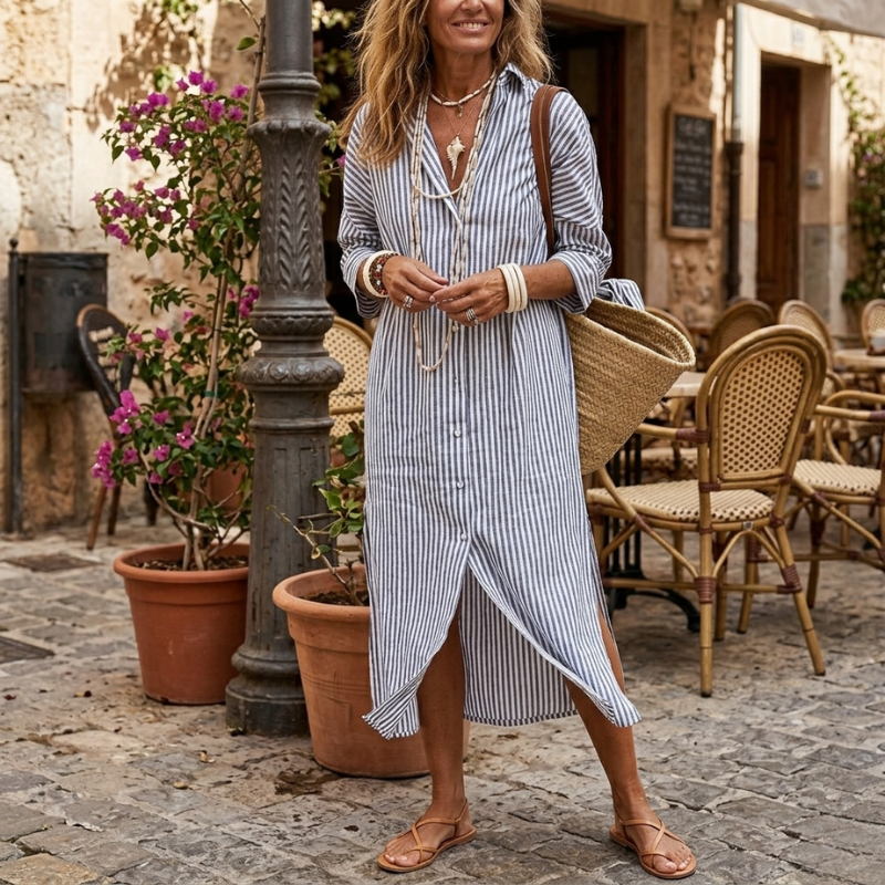 Relaxed fit women's summer striped dress, comfortable and stylish for warm weather casual fashion.