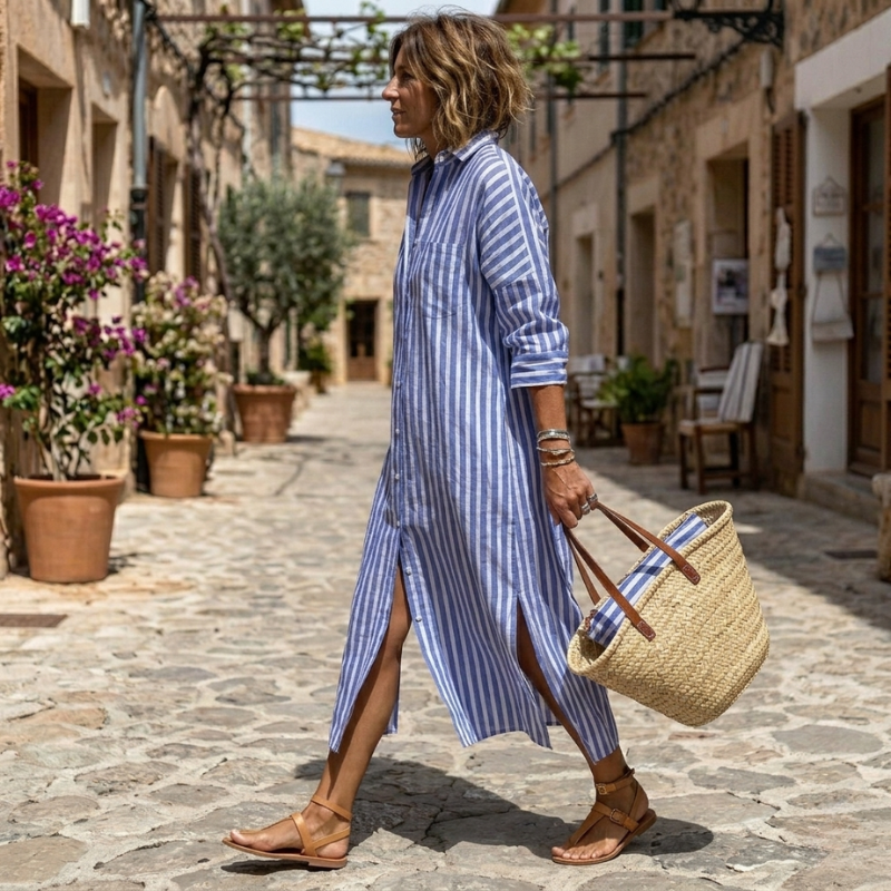 Effortless chic women's striped shirt dress, relaxed fit, button-down style, a must-have casual summer dress.