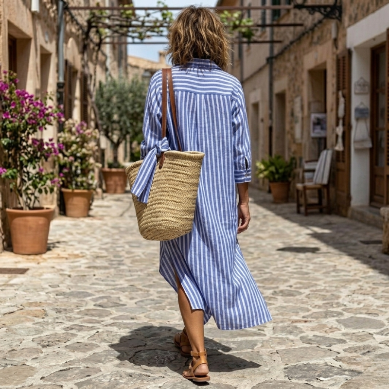 Elegant women's striped shirtdress, relaxed fit for ultimate comfort, perfect short-sleeve button-down summer dress.