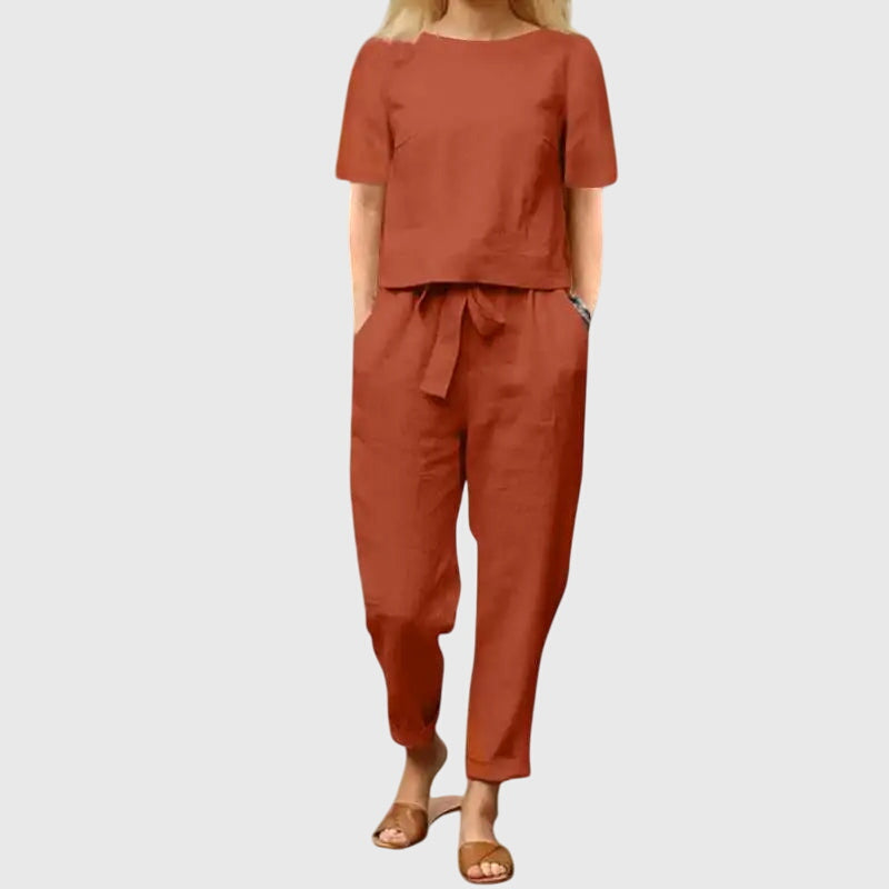 Effortless women's summer matching set. Casual two-piece outfit, perfect for warm weather comfort and style.