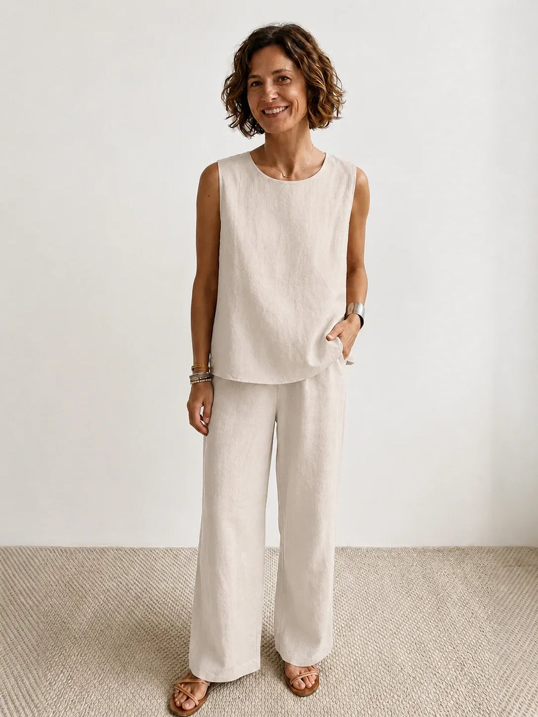 Comfortable women's relaxed fit two-piece set, sleeveless top & flowing wide-leg pants, everyday wear.