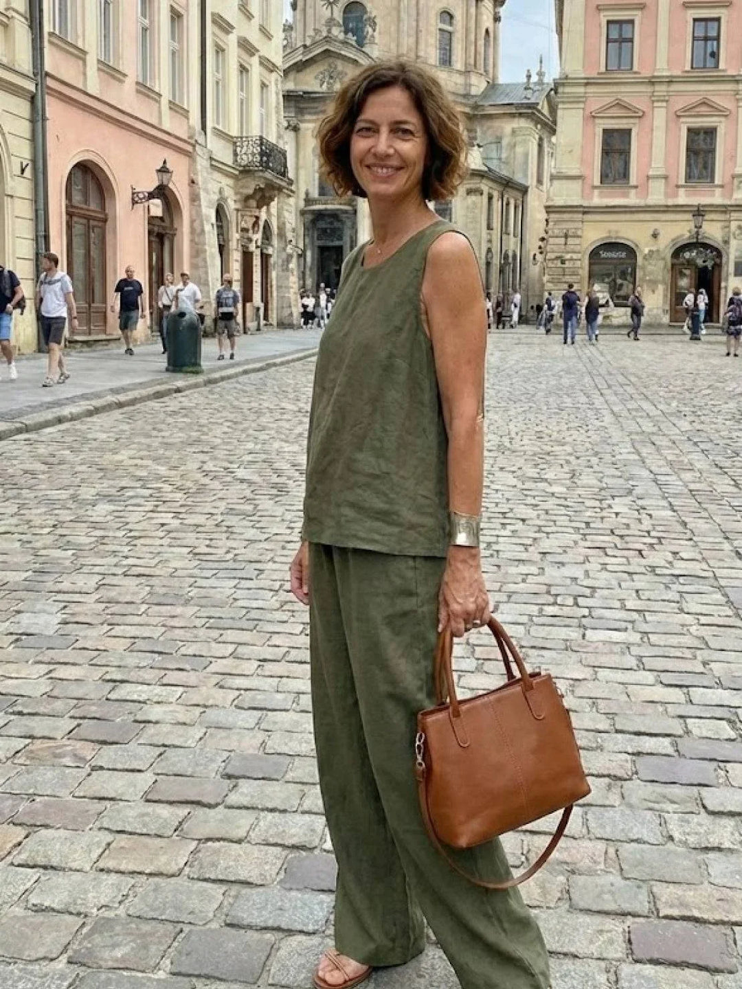 Beige women's two-piece set, sleeveless top & wide-leg pants, ideal for everyday casual wear, comfortable fit.