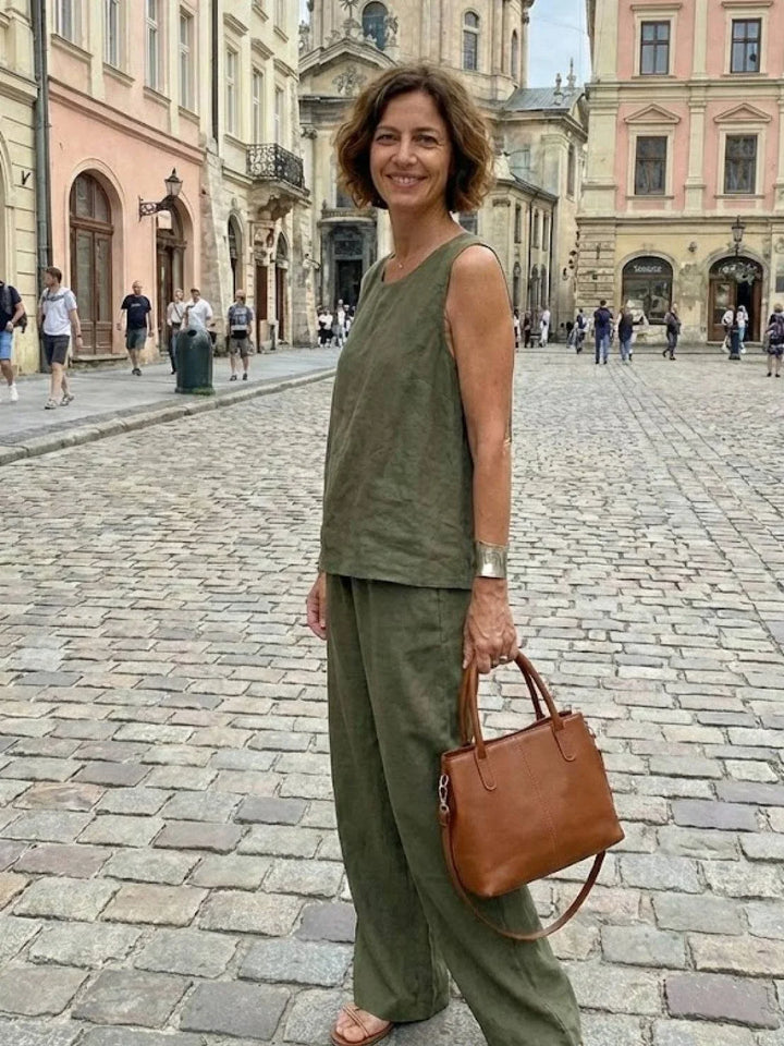 Beige women's two-piece set, sleeveless top & wide-leg pants, ideal for everyday casual wear, comfortable fit.