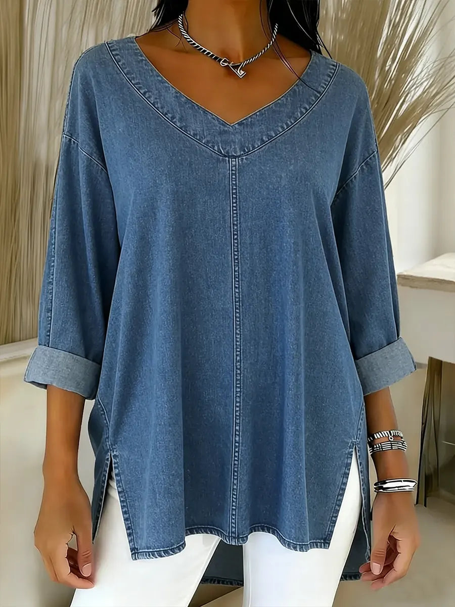 Women's effortless v-neck denim shirt, long sleeve & relaxed fit, perfect for casual everyday wear. Versatile blue denim.