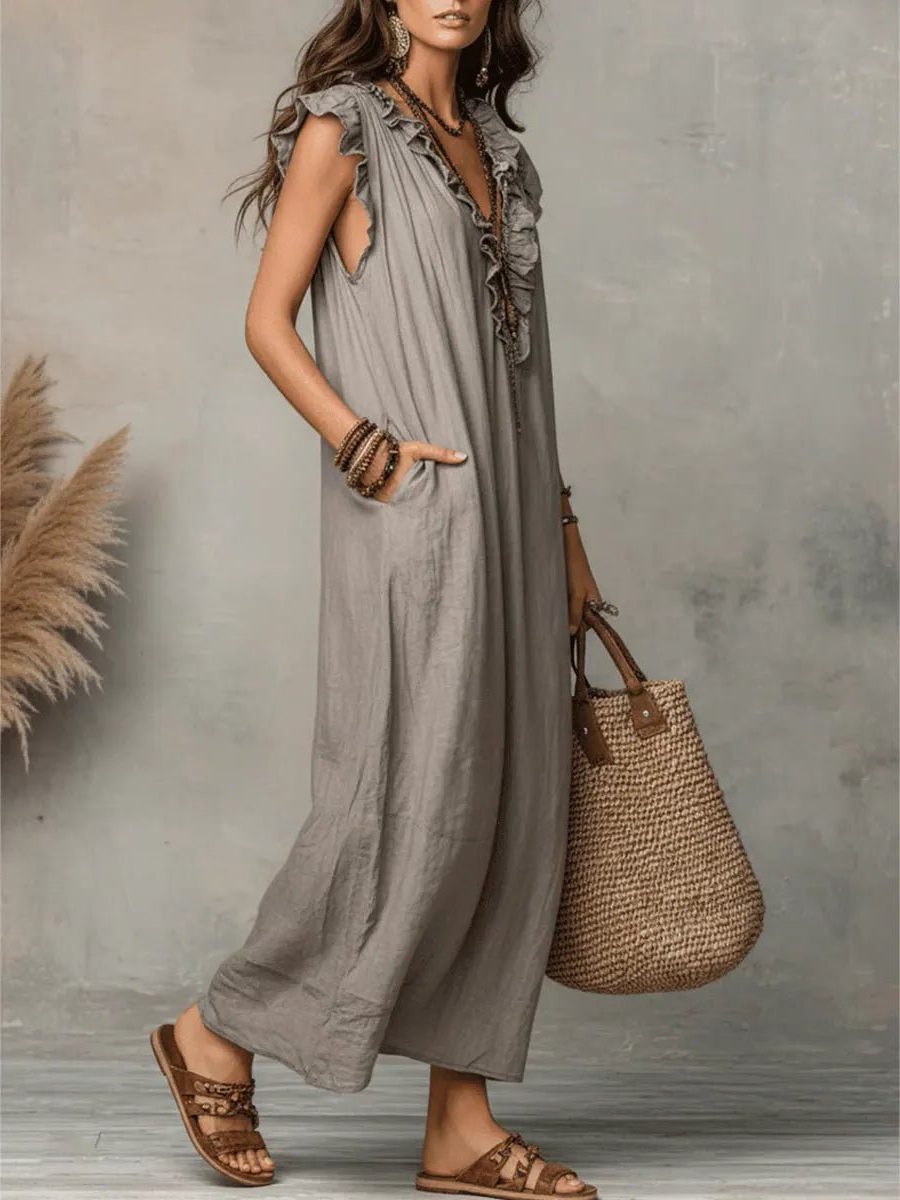 Soft V-neck maxi dress for women with flutter sleeves, an ideal comfortable casual or everyday summer dress.