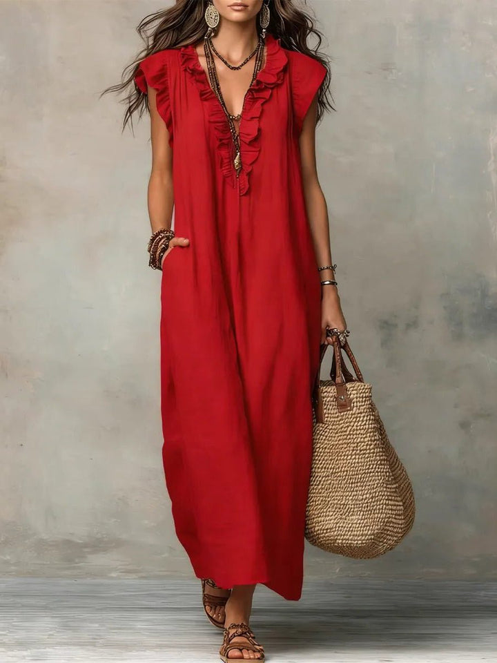 Effortless summer V-neck maxi dress for women, offering a comfortable, relaxed fit and stylish flutter sleeves.