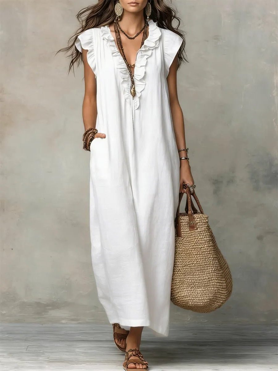Versatile V-neck maxi dress for women, great as a vacation dress or for relaxed casual summer days.