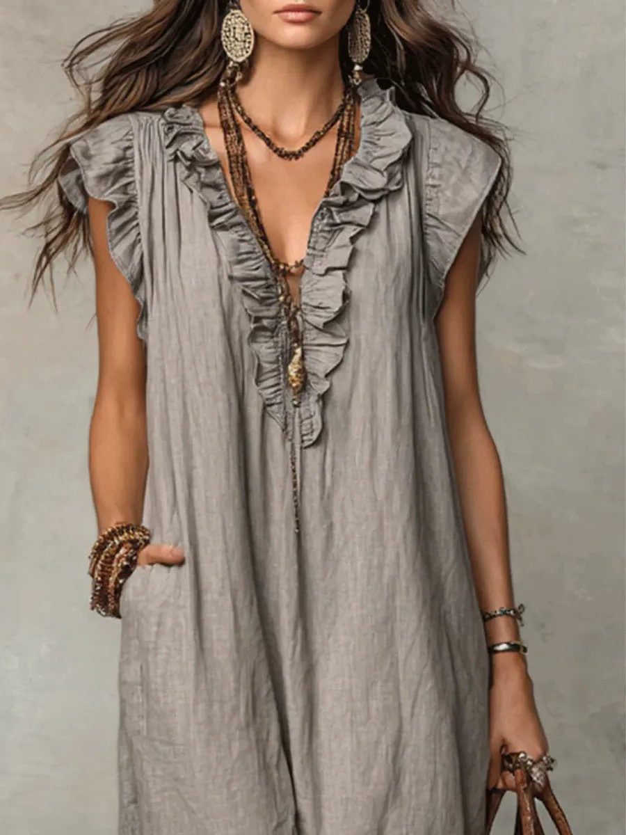 Elegant yet casual V-neck maxi dress for women, featuring flutter sleeves for comfortable all-day wear.