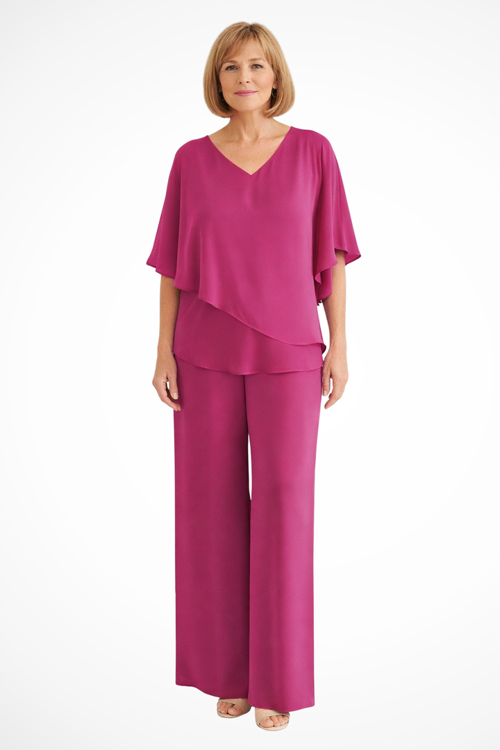 Modern women's fashion set: batwing top and wide leg pants, a coordinated versatile outfit.