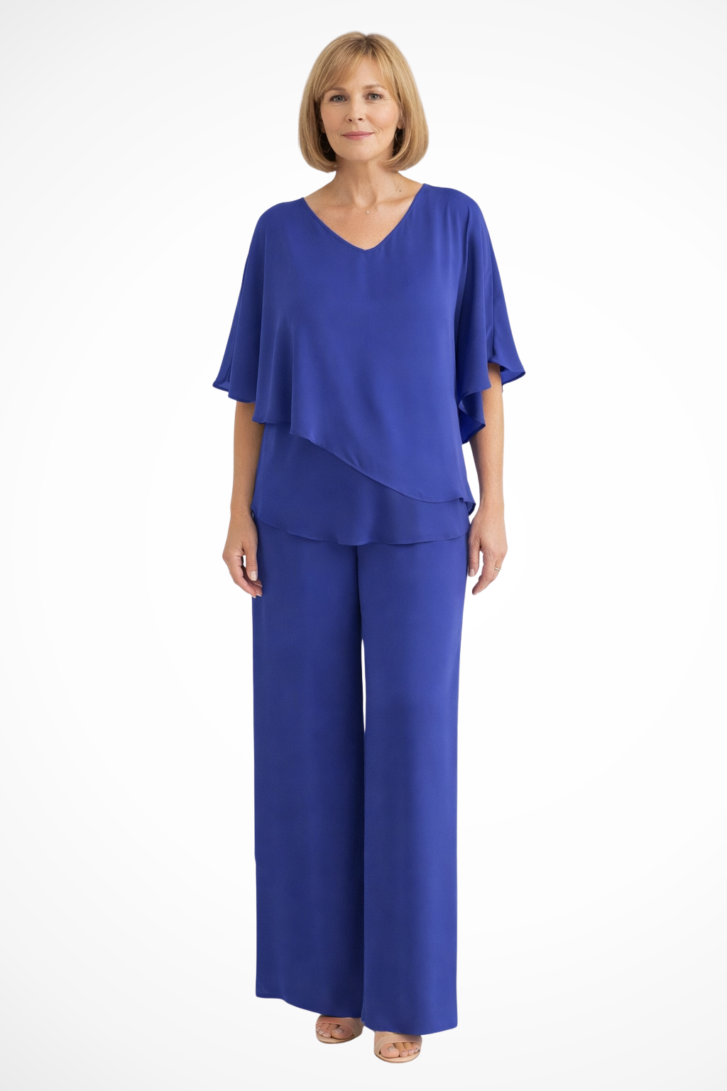 Elegant women's two-piece set with wide leg pants & batwing top, ideal for spring/summer style.